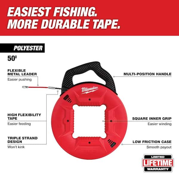 50 ft. x 13 in. Polyester Fish Tape with Flexible Metal Leader with 9 in. 7-in-1 Combination Wire Strippers Pliers
