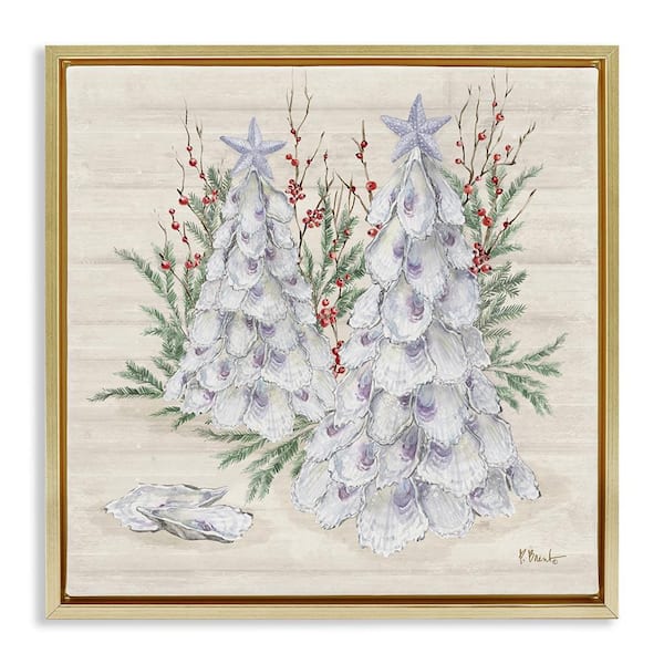 Stupell Industries Seashells and Holly Trees by Paul Brent Gold Floater Frame Coastal Graphic Art Print 18 in. x 18 in.