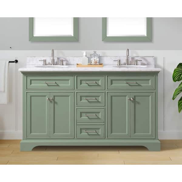 Home Decorators Collection Windlowe 61 in. W x 22 in. D x 35 in. H Bath Vanity in Green with Carrara Marble Vanity Top in White with White Sink