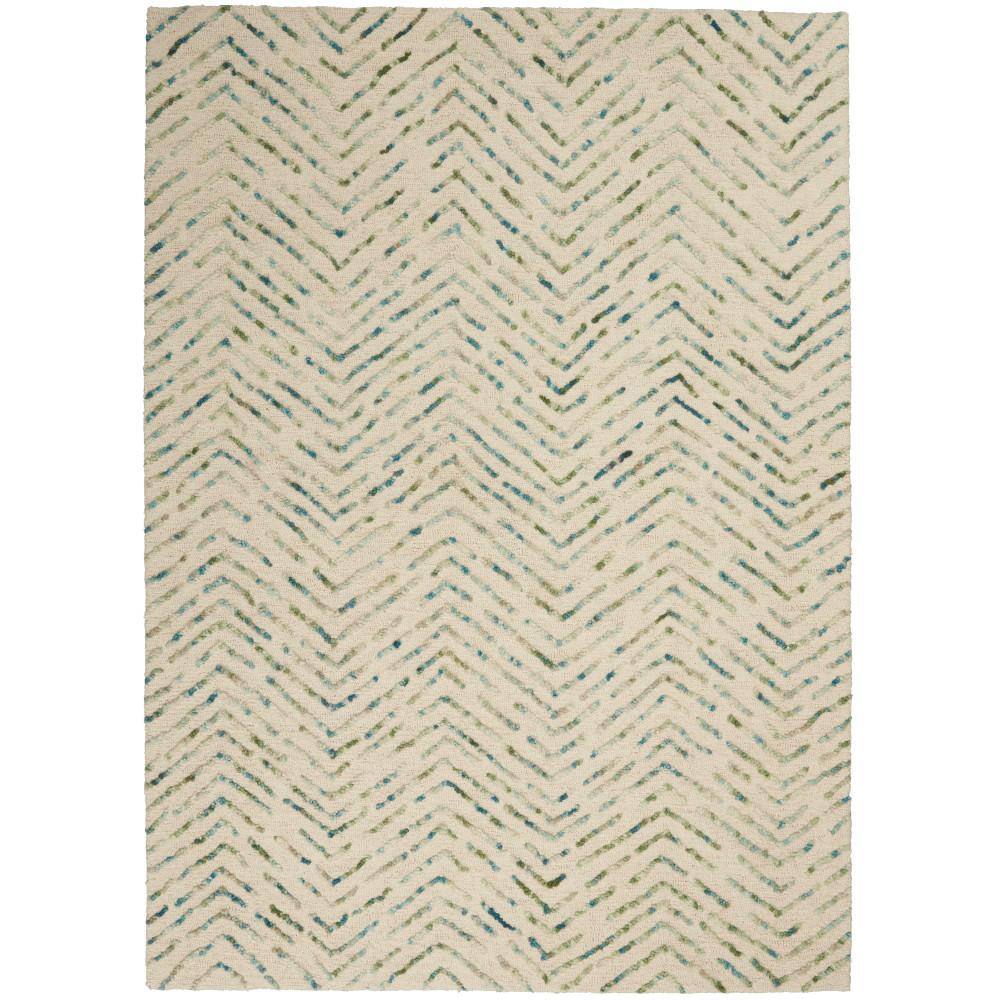 Artisanal Chevron Ivory & Green Hand-Tufted Wool Rug 5' x 7'