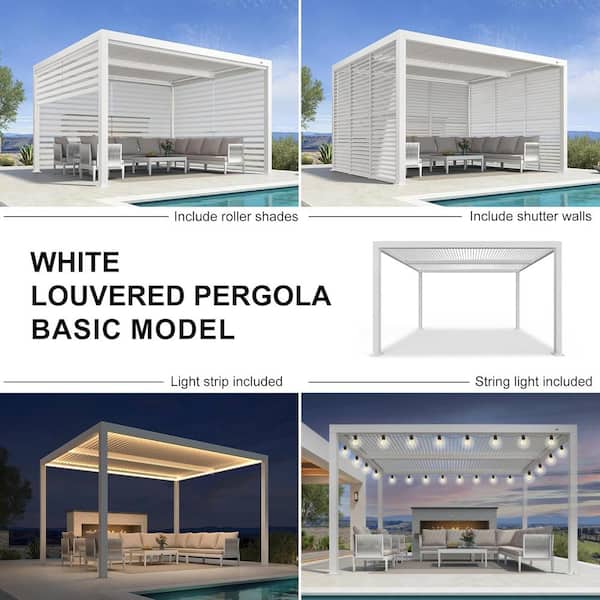 11 ft. x 13 ft. White Aluminum Frame Outdoor Hardtop Louvered Pergola with Adjustable Sunshade Roofs and In-Built Gutter