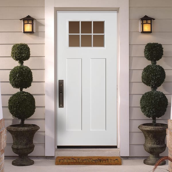 36 in. x 80 in. Craftsman 6 Lite Right-Hand Inswing Primed White Smooth Fiberglass Prehung Front Door w/ Brickmold