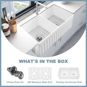 33 in. Farmhouse Apron Front Undermount Double Bowl White Fireclay Kitchen Sink with Grid and Strainer