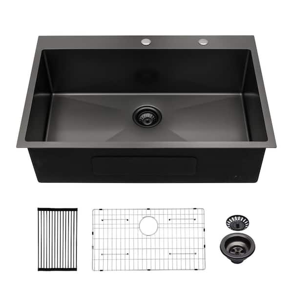 33 in. Drop-In Single Bowl 16-Gauge Gunmetal Black Stainless Steel Kitchen Sink with Drain Assembly and Drying Rack
