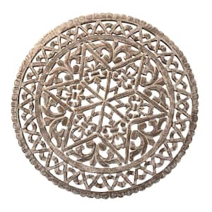 30 in. Distressed White Round Wooden Carved Wall Art with Intricate Cutouts