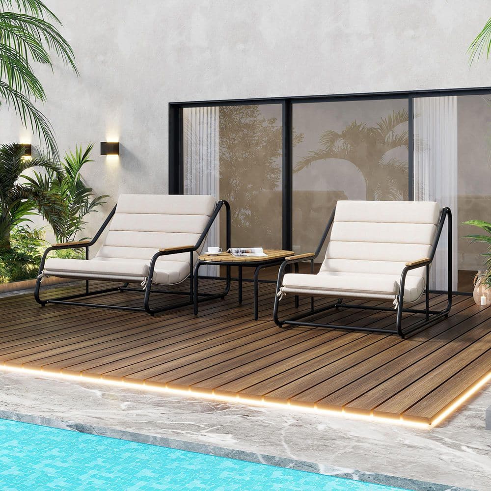 Black 3-Piece Metal Outdoor Chaise Lounge Chairs, Patio Conversation Set wi