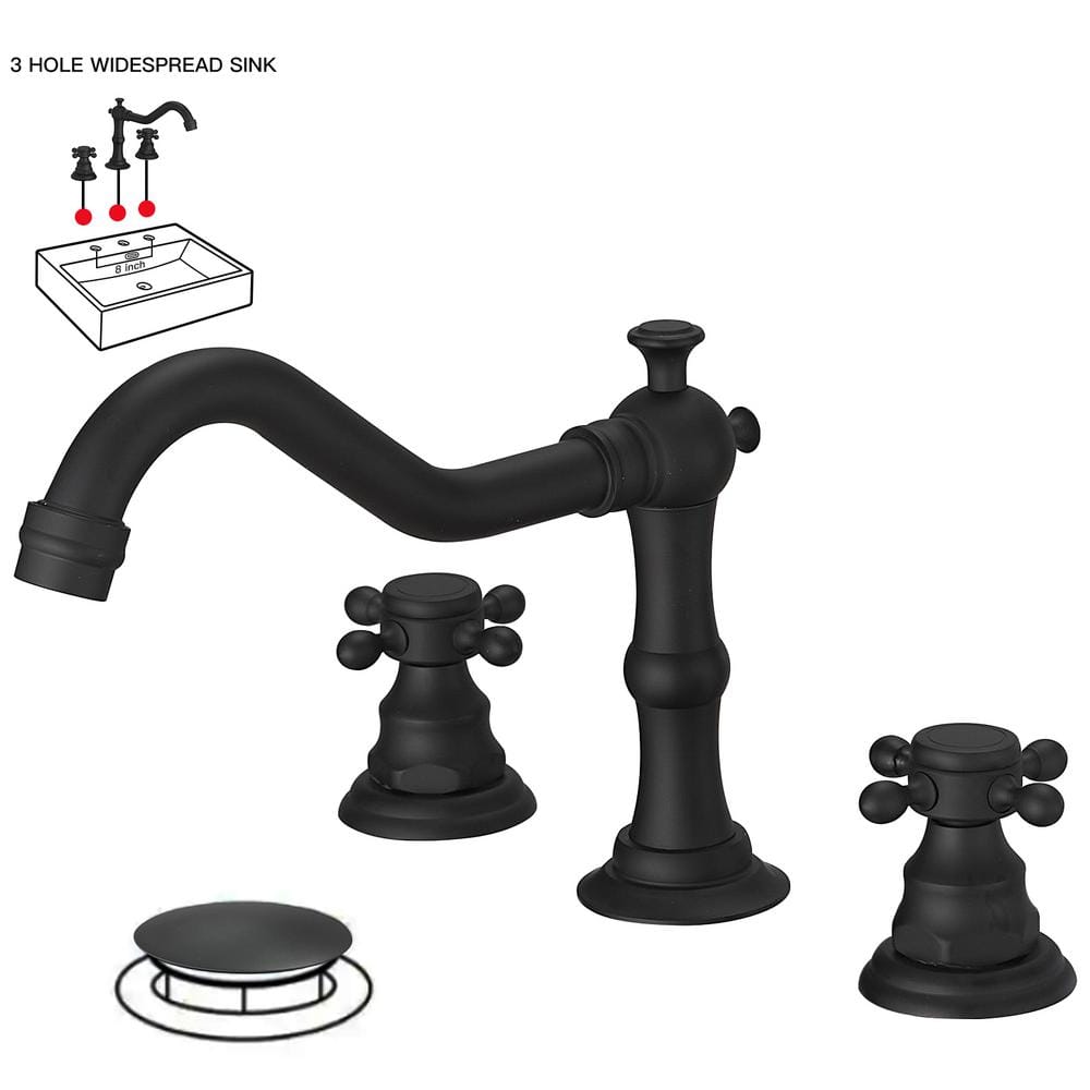 Matte Black 8-Inch Widespread 2-Handle Bathroom Faucet with Drain Kit