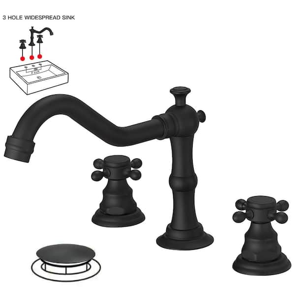 BWE 8 in. Widespread 2-Handle 3-Hole Bathroom Faucet with Drain Kit and cUPC Water Supply Lines in Matte Black
