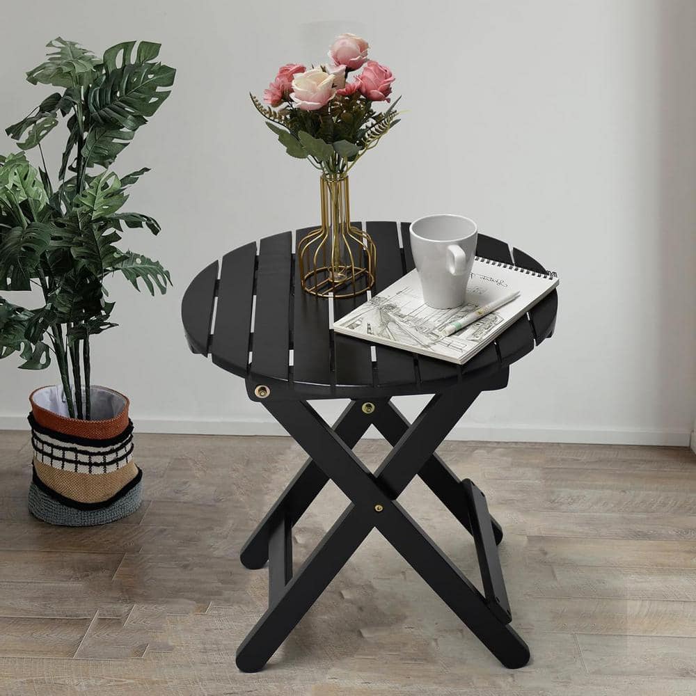 Black Round Wood Outdoor Folding Side Table