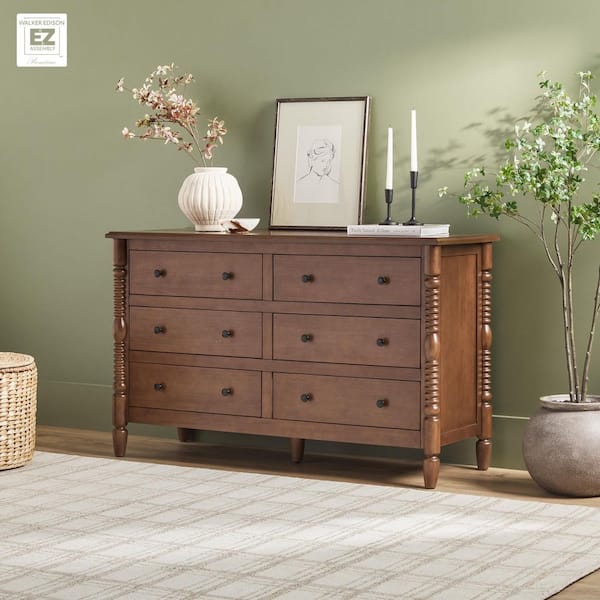 Modern Farmhouse Easy Assembly Dark Brown 6-Drawer 54 in. Solid Wood Spinde-Detailing Dresser