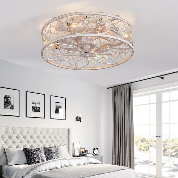 18 in. 4-Light Indoor White Faux Wood Caged Low Profile Ceiling Fan Flush Mount Remote Control with No Bulbs Included