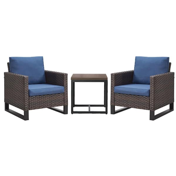 Brown 3-Piece Wicker Patio Conversation Set, Outdoor Lounge Chairs with Side Table and Blue Cushions