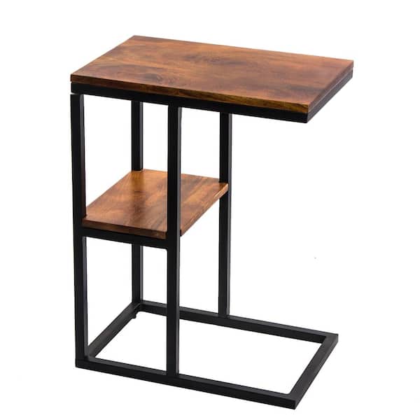 THE URBAN PORT Brown Iron Framed Mango Wood Accent Table with Lower Shelf