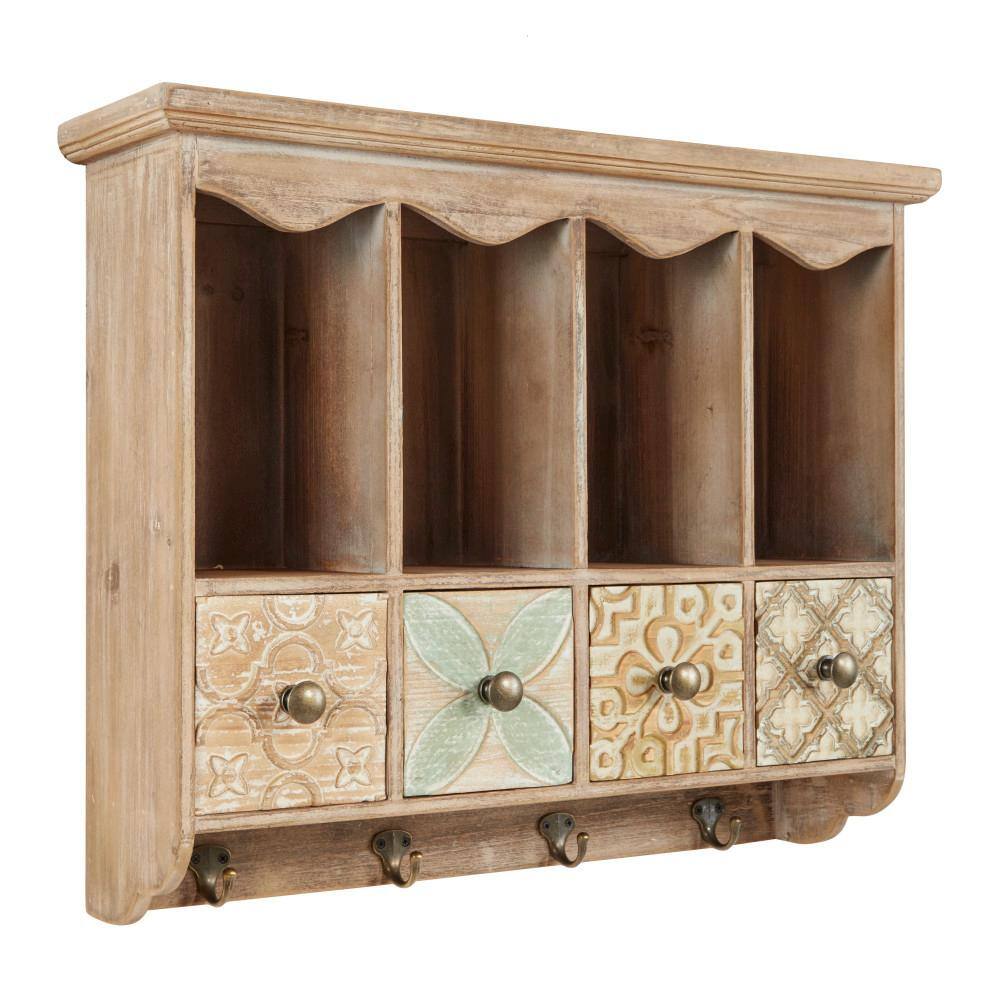 Brown Wooden Wall Shelf with Drawers and Hooks
