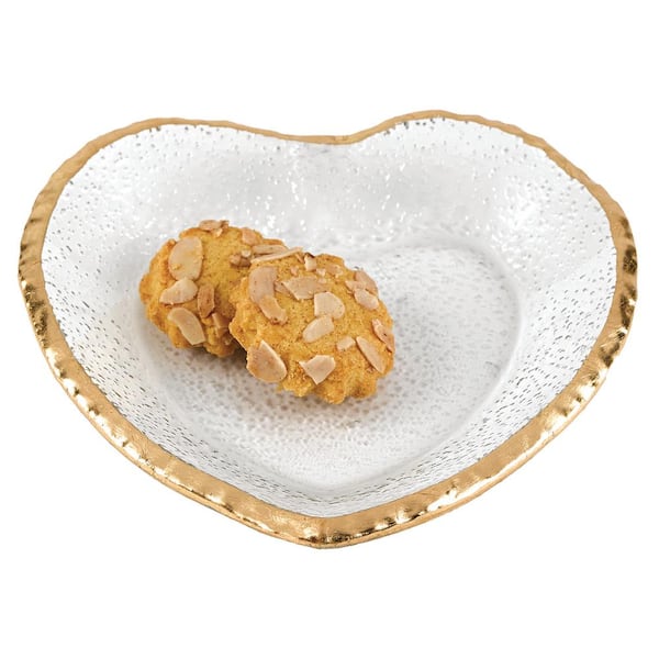 Badash Crystal 7.5 in. Gold Hand Decorated Leaf Edge Mouth Blown Glass Heart Plate