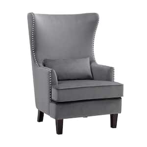 Narcine Gray Velvet Wingback Chair with Lumbar Pillow