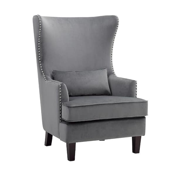 Narcine Gray Velvet Wingback Chair with Lumbar Pillow 1036GY 1