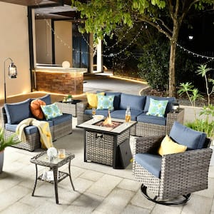 Tahoe Grey 9-Piece Wicker Patio Fire Pit Conversation Sofa Set with a Swivel Rocking Chair and Denim Blue Cushions