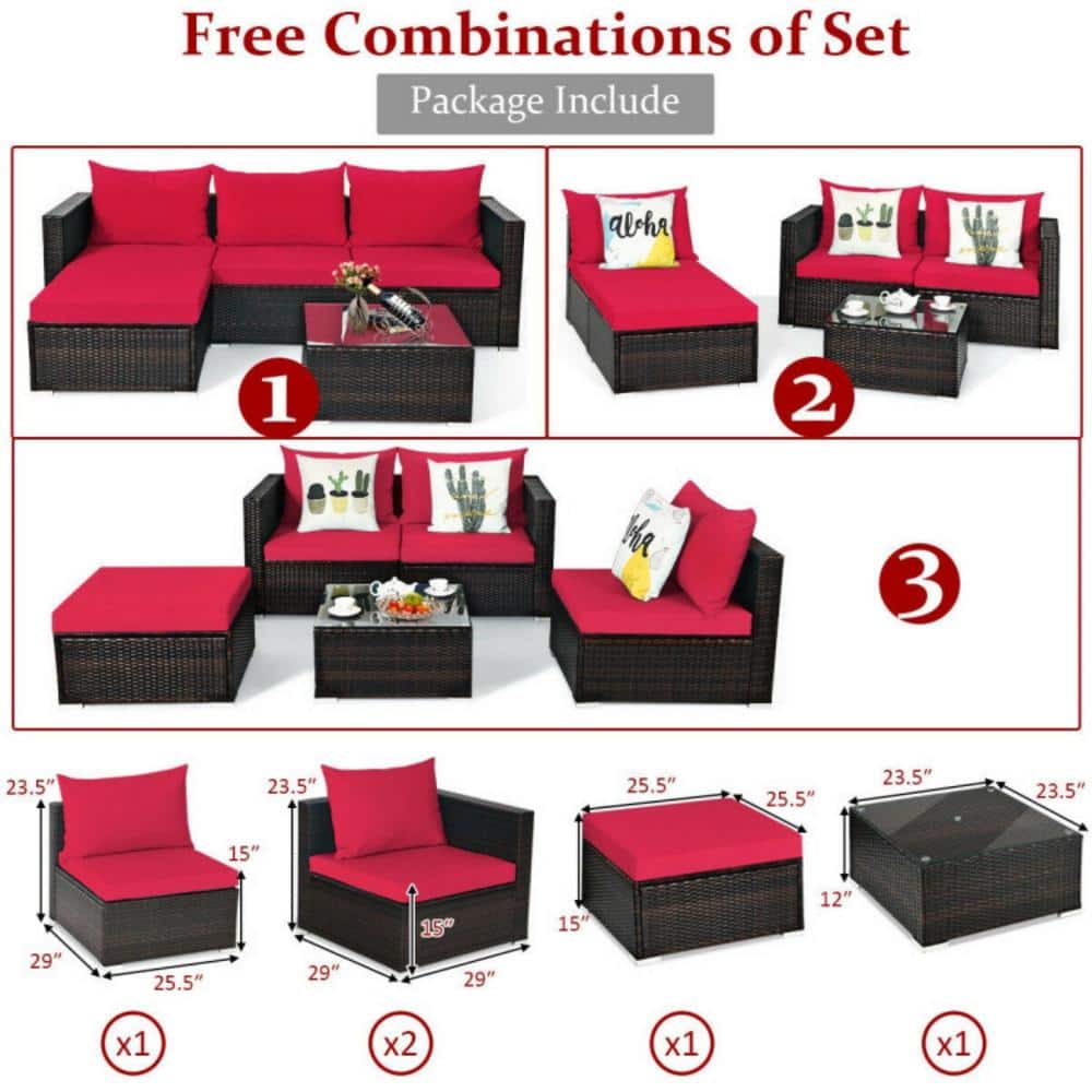 5-Piece Red Cushioned Rattan Patio Furniture Set with Ottoman