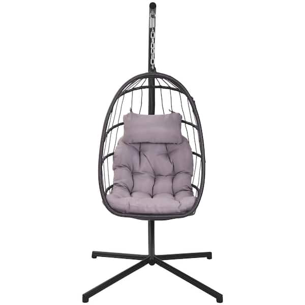 Black Metal Patio Swing Egg Chair with Gray Cushion