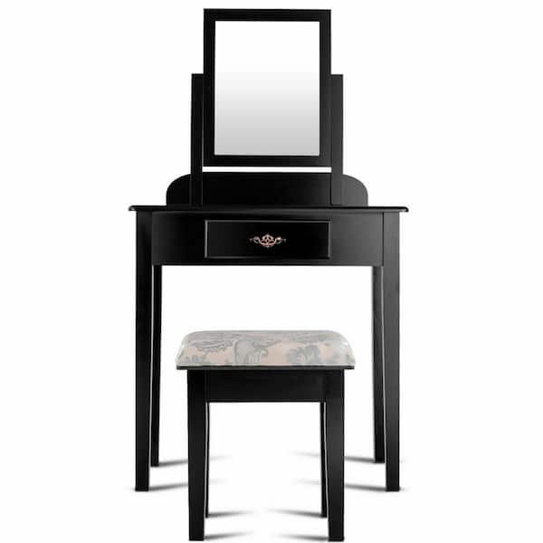 Costway 2-Piece Black Makeup Desk Vanity Dressing Table Set with Square Mirror Stool 1-Large Drawer