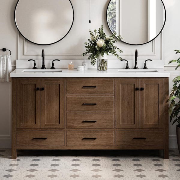Cambridge 66 in. Double Sink Freestanding Bathroom Vanity in Brown Oak with Pure White Quartz Top