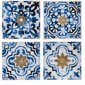 Anky 4-Piece 9.5 in. x 9.5 in. White plus Blue Abstract Wood Wall Art