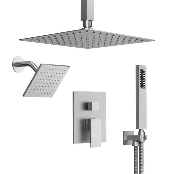 3-Spray 10 and 6 in. 3 in 1 Dual Fixed and Handheld Shower Head Ceiling Mount 2.5 GPM in Brushed Nickel Valve Included