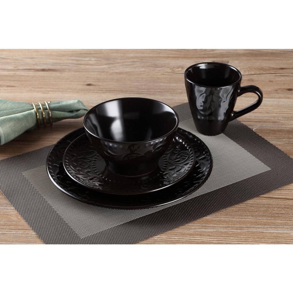 Black Embossed Ceramic 16-Piece Dinnerware Set