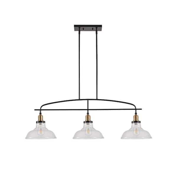 45 in. W 3 Light Modern Pendant Light with Clear Glass Shades Adjustable Height Black Chandelier, E26 No Bulbs Included