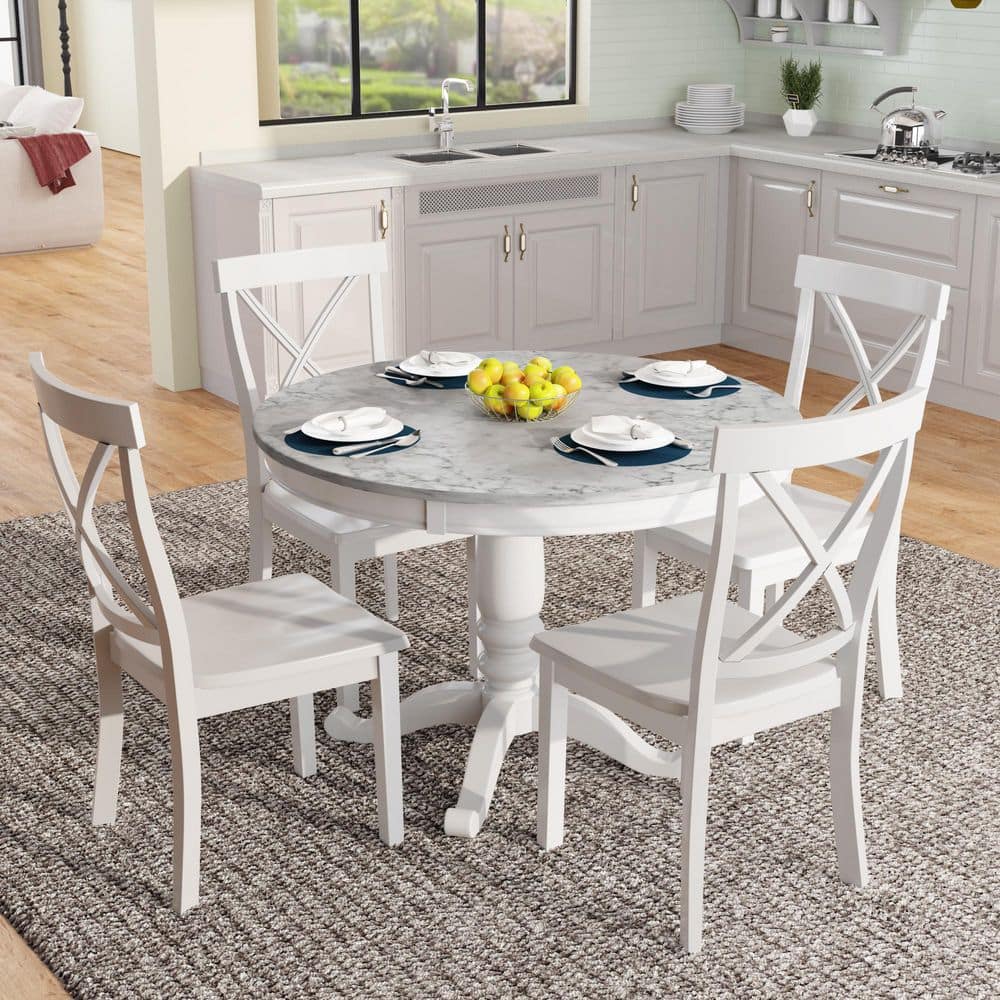 5-Piece Dining Table Set for 4, with White Marble-Style Top and Solid Wood Chairs price history on PriceWatchPro