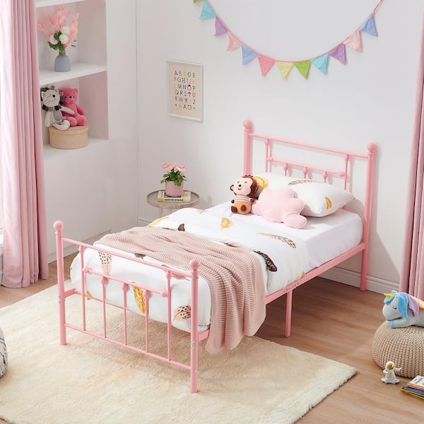 Twin Bed Frame with Headboard Heavy Duty Metal Platform Premium Steel Slat Noise Free Iron-Art Bed Frame Pink