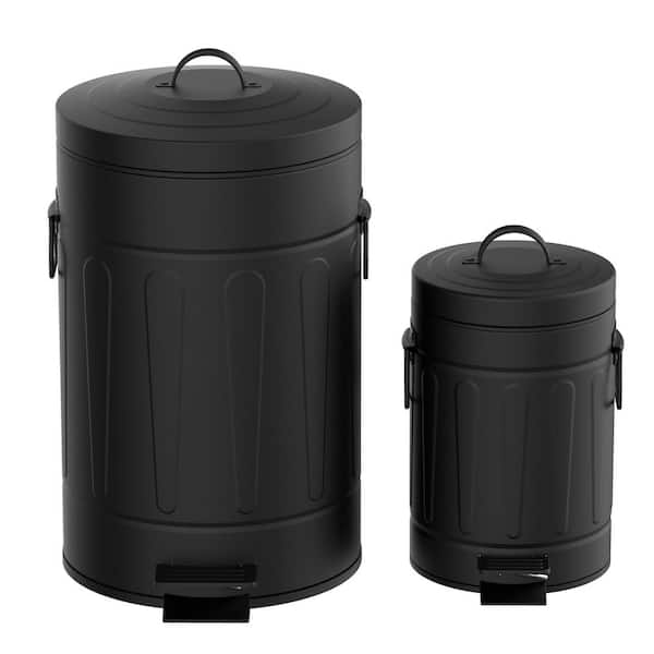 Innovaze 3.2 Gal./12-Liter and 0.8 Gal./ 3-Liter Old Time New York Style Round Black Metal Step-on Trash Can Set