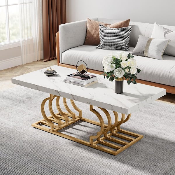 Allan 47 in. White Rectangle MDF Coffee Table with Marble Pattern