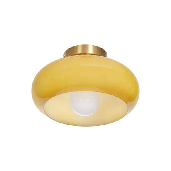 11.02 in. 1-Light Brass Modern Flush Mount with Yellow Glass Bubble Shade and No Bulbs Included