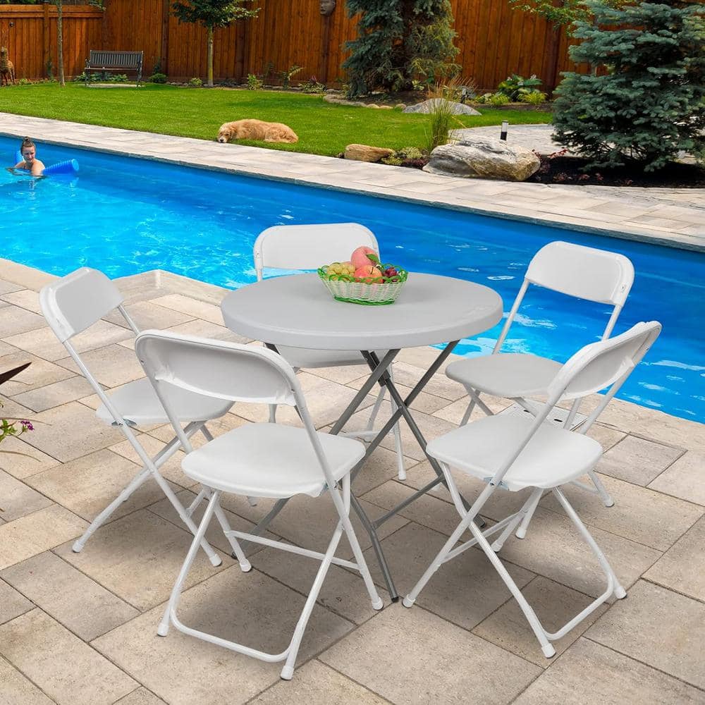 Set of 10 White Plastic Folding Dining Chairs with Cushions