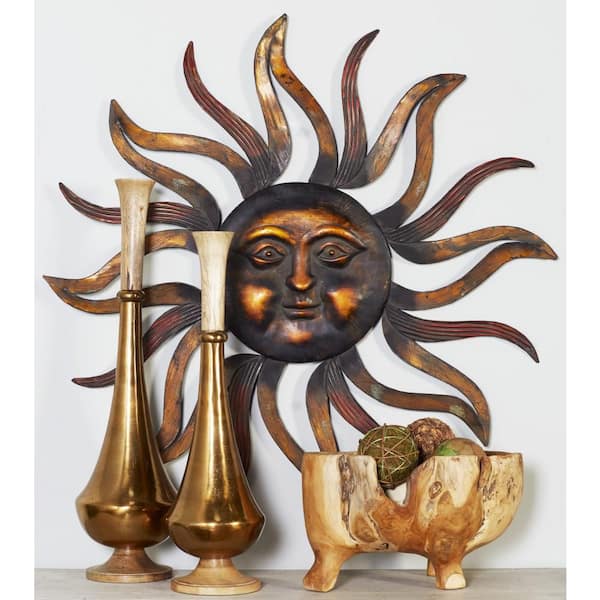 Litton Lane Metal Brass Sun Wall Decor with Distressed Copper Like Finish  97918 - The Home Depot