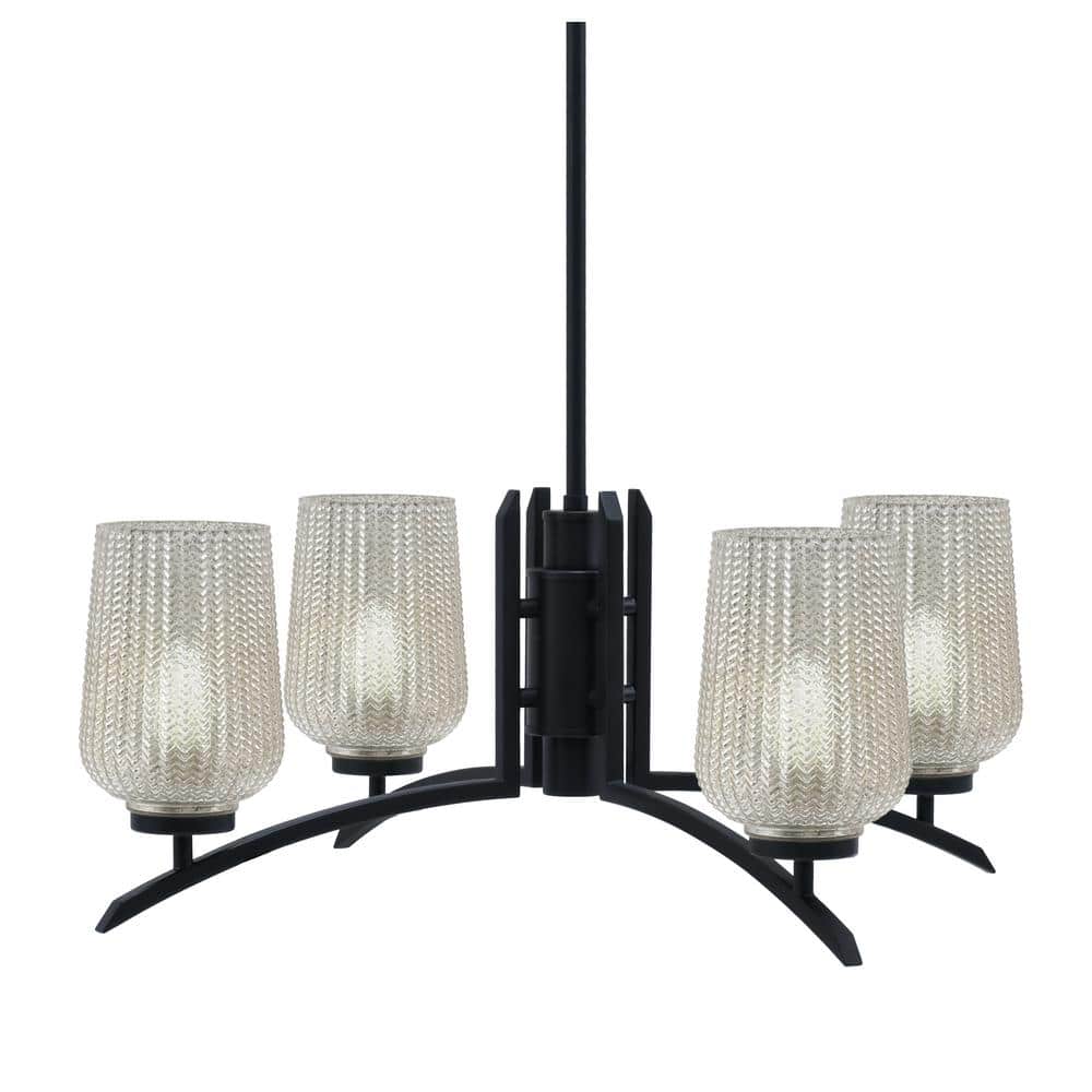 Siena 26.75 in. 4 Light Matte Black Chandelier with Silver Textured Glass S