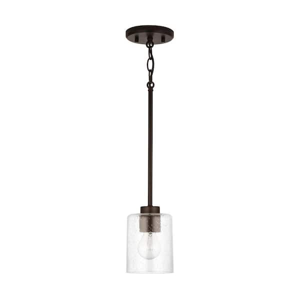 HOMEPLACE LIGHTING Greyson 5 in. W x 7 in. H 1-Light Clear Seeded Glass Pendant in Bronze