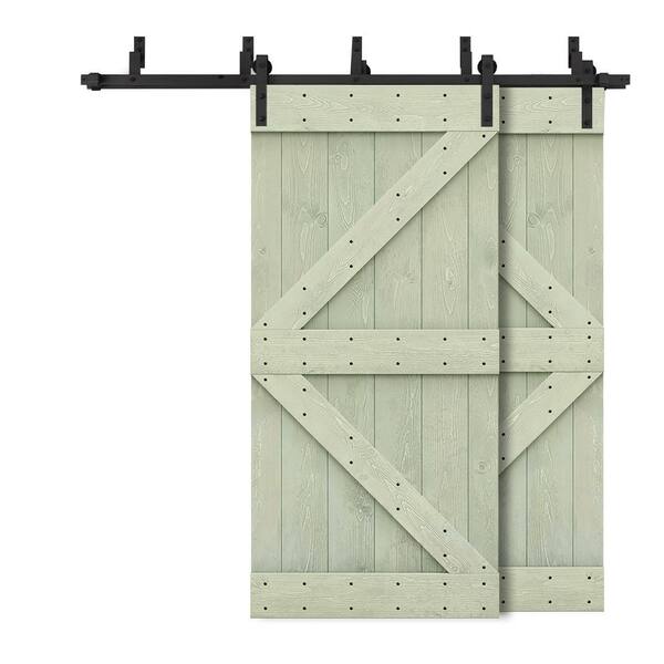CALHOME 44 in. x 84 in. K-Bypass Sage Green Stained DIY Solid Wood Interior Double Sliding Barn Door with Hardware Kit
