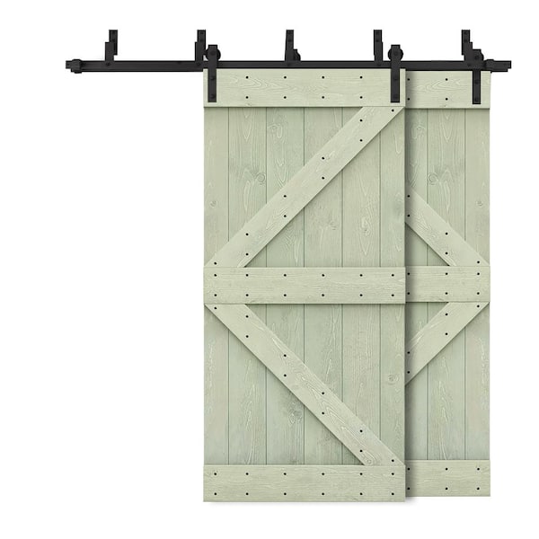 CALHOME 56 in. x 84 in. K Bypass Sage Green Stained DIY Solid Wood Interior Double Sliding Barn Door with Hardware Kit