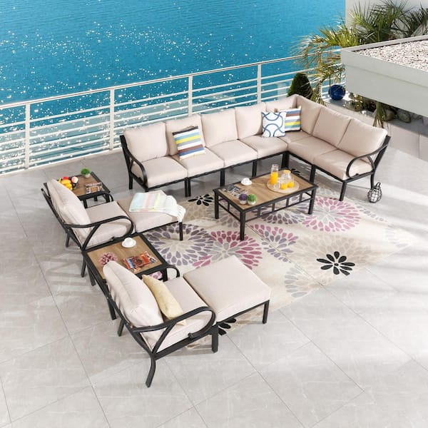 Patio Festival 14-Piece Metal Patio Conversation Set with Beige Cushions
