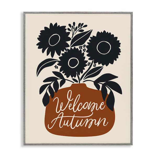 Stupell Industries Welcome Autumn Earthy Blooms by Doodles. Ink. Gray Framed Nature Giclee Art Print 20 in. x 16 in.