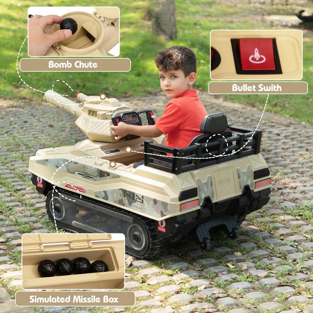24V Yellow Battery-Powered Ride-On Tank with Remote Control