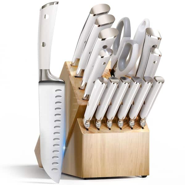 15-Piece Japanese Stainless Steel Knife Set with Natural Wood Block, Razor Sharp Knives Set for Kitchen