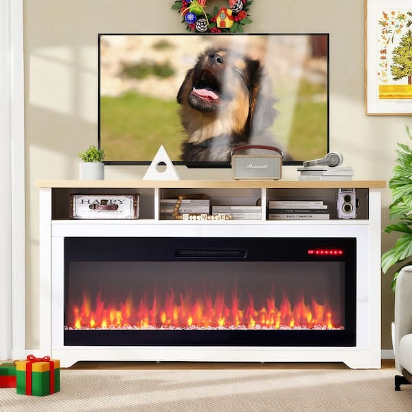 60 in. TV Stand with 50 in. Electric Fireplace Insert, Multi-Color Flame, Wi-Fi and Voice Control, 1400W Heat, White