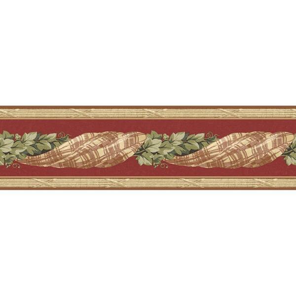 The Wallpaper Company 6.83 in. x 15 ft. Red Earth Tone Plaid Swag with Ivy Border