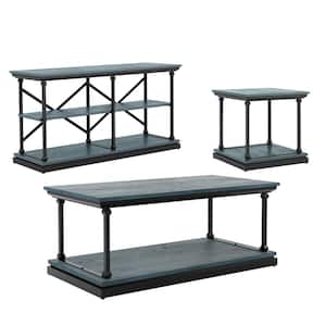 Blue River 47.5 in. Antique Blue and Black Rectangle Wood Top 3-Piece Coffee Table Set