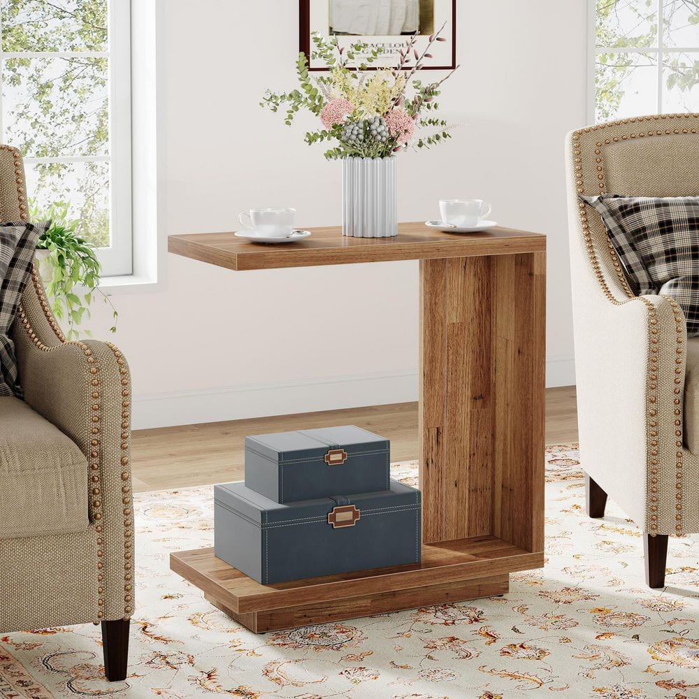 Calvin 23.6'' Light Brown Narrow Rectangle C-Shaped Sofa Side End Table Sturdy Pedestal Wood Bedside Nightstand price history on PriceWatchPro