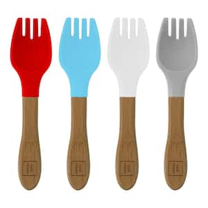 Kids Silicone Forks with Bamboo Handle, Assorted Colors, White, Blue, Red, Grey (Set of 4)